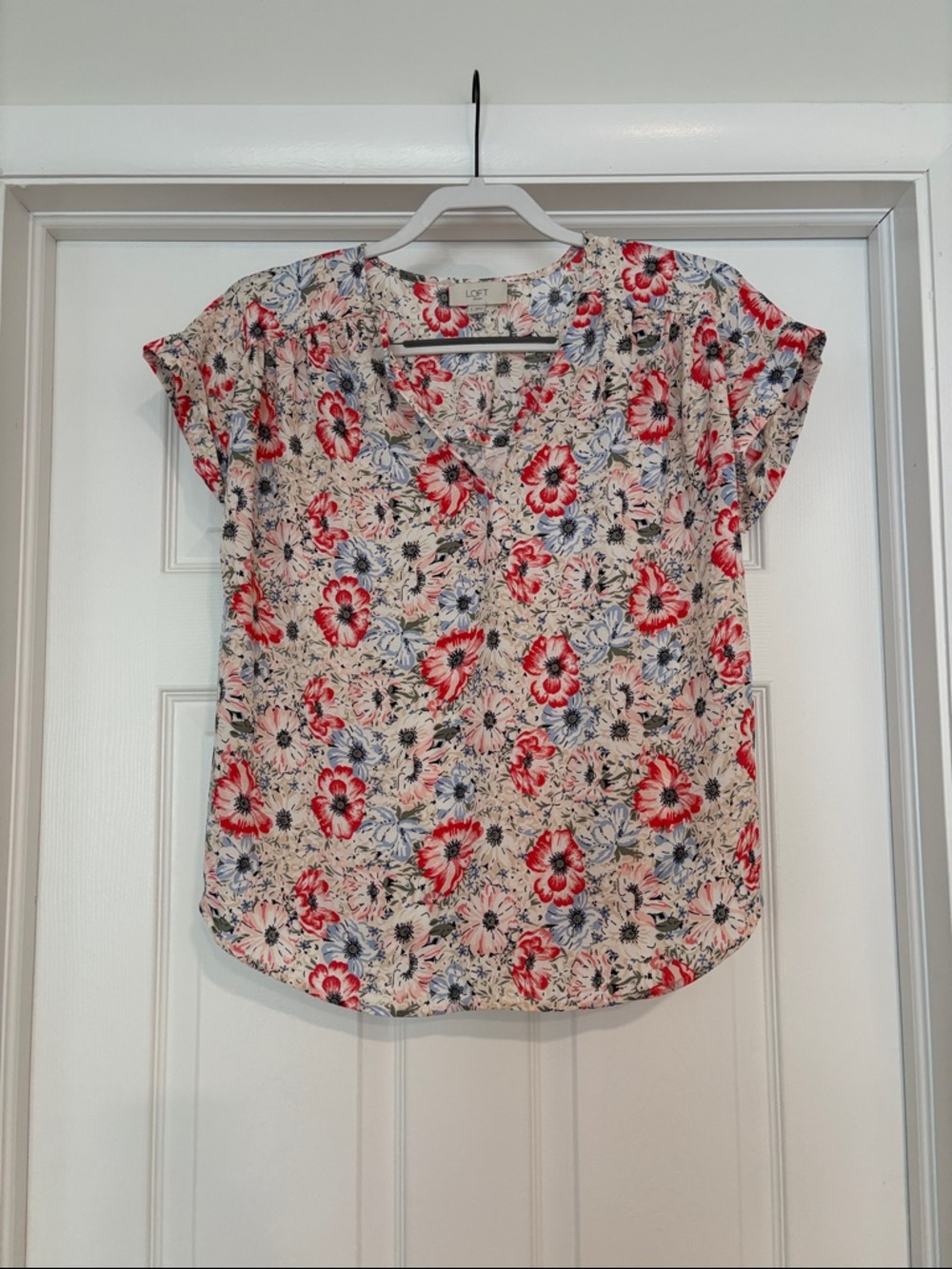 LOFT Pink Floral V-Neck Short Sleeve Blouse with Red & Blue Accents